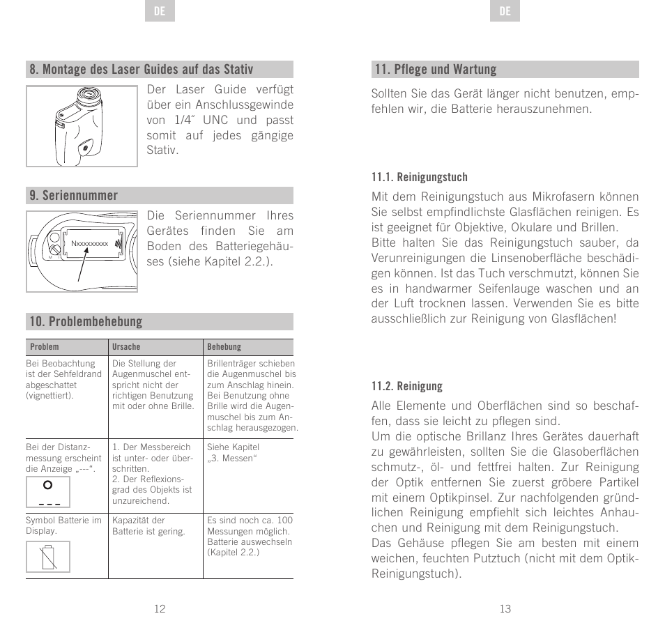 Montage des laser guides auf das stativ, Seriennummer, Problembehebung | Pflege und wartung | Swarovski Optik Rangefinder User Manual | Page 7 / 83
