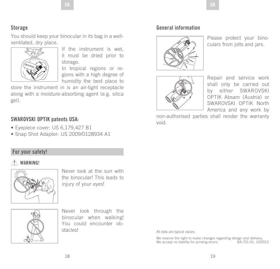 Storage, Swarovski optik patents usa, For your safety | General information | Swarovski Optik SLC 56 User Manual | Page 10 / 51