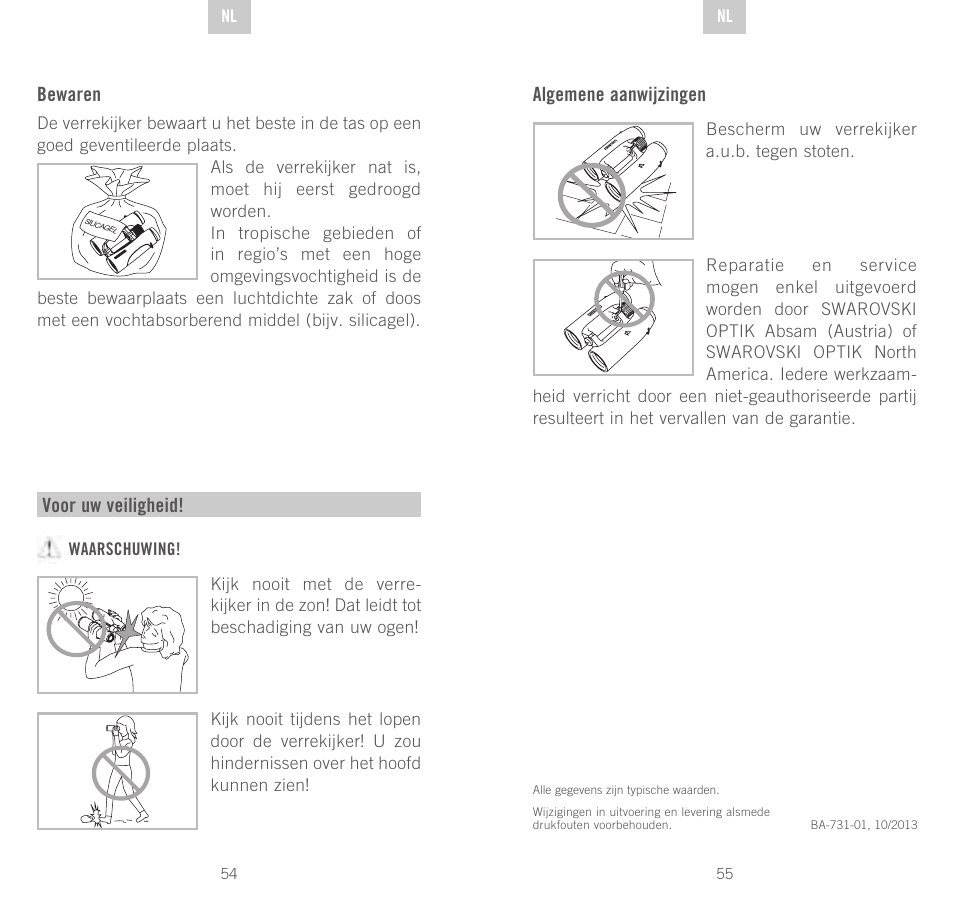 Bewaren, Voor uw veiligheid, Algemene aanwijzingen | Swarovski Optik SLC 56 User Manual | Page 28 / 51