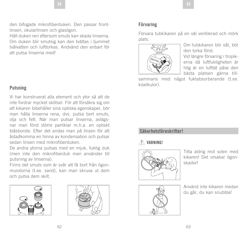 Putsning, Förvaring, Säkerhetsföreskrifter | Swarovski Optik SLC 56 User Manual | Page 32 / 51