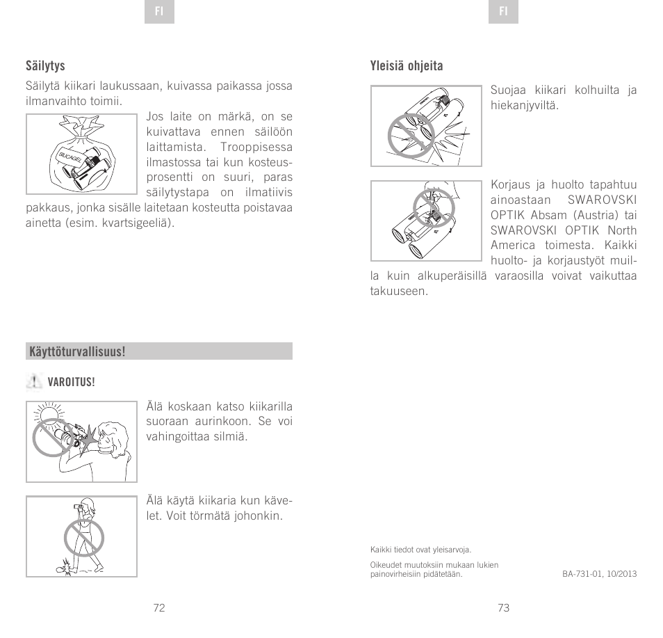 Säilytys, Käyttöturvallisuus, Yleisiä ohjeita | Swarovski Optik SLC 56 User Manual | Page 37 / 51