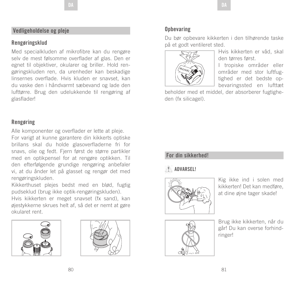 Rengøringsklud, Rengøring, Vedligeholdelse og pleje opbevaring | For din sikkerhed | Swarovski Optik SLC 56 User Manual | Page 41 / 51