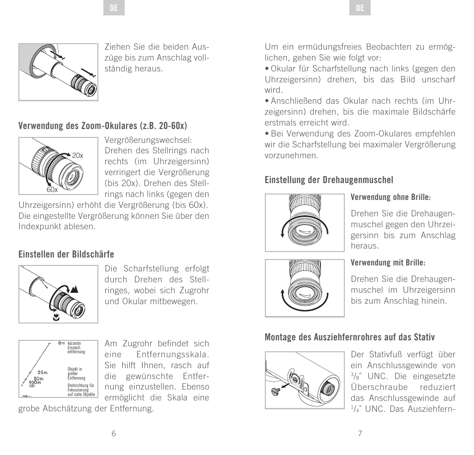 Verwendung des zoom-okulares (z.b. 20-60x), Einstellen der bildschärfe, Einstellung der drehaugenmuschel | Montage des ausziehfernrohres auf das stativ | Swarovski Optik CTS User Manual | Page 4 / 53