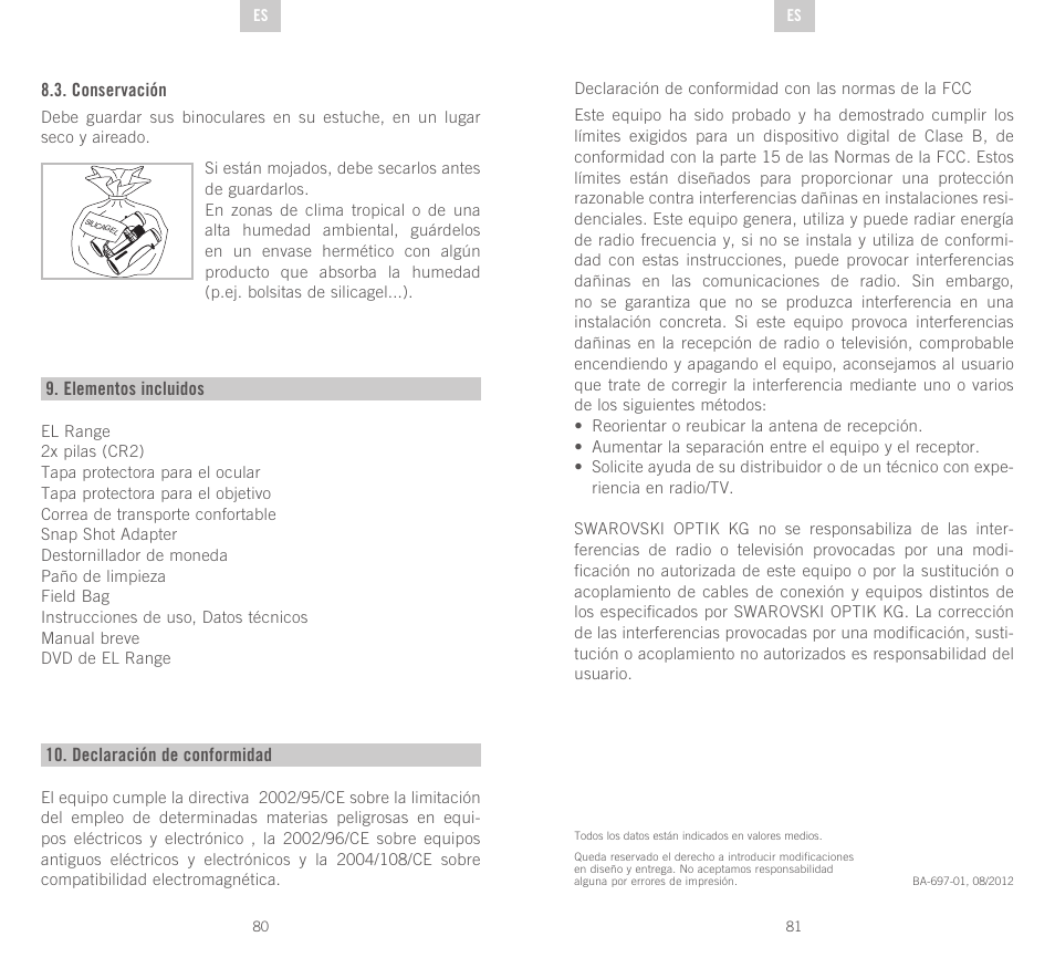 Conservación, Elementos incluidos, Declaración de conformidad | Swarovski Optik EL Range User Manual | Page 41 / 87