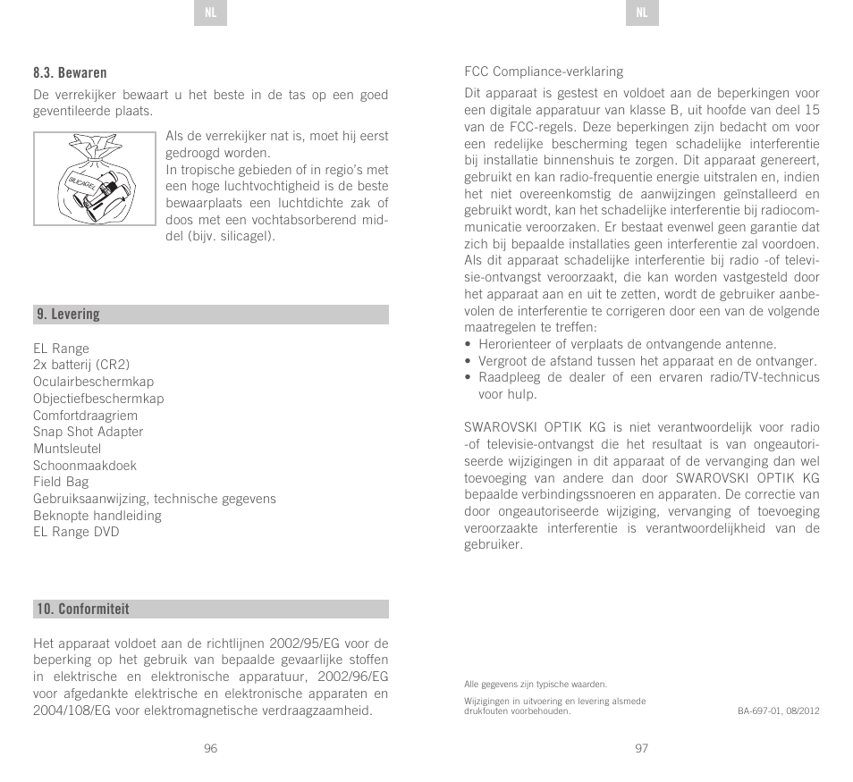 Bewaren, Levering, Conformiteit | Swarovski Optik EL Range User Manual | Page 49 / 87