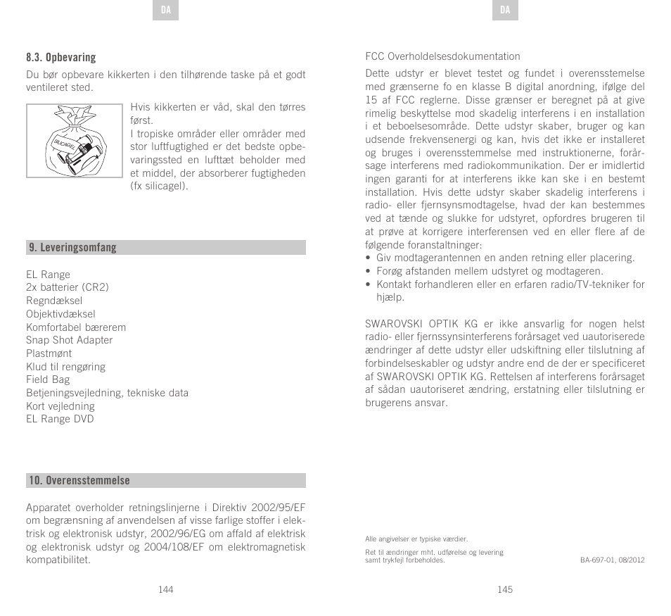 Opbevaring, Leveringsomfang, Overensstemmelse | Swarovski Optik EL Range User Manual | Page 73 / 87