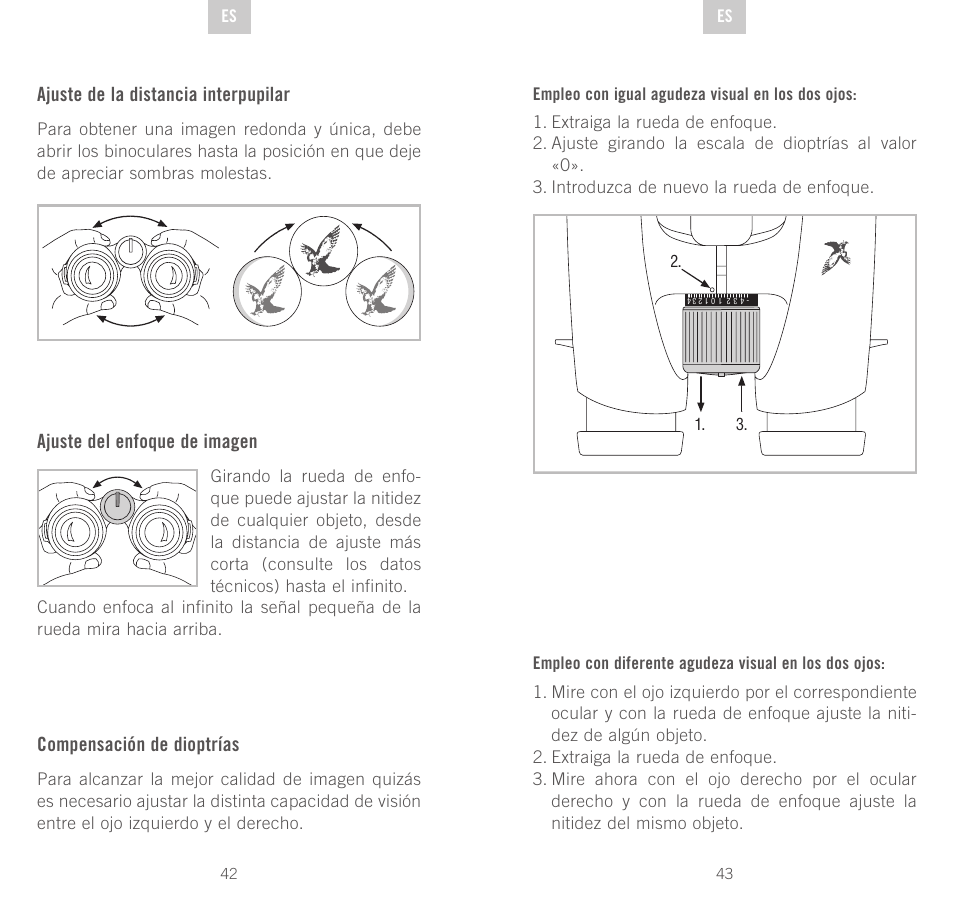 Ajuste de la distancia interpupilar, Ajuste del enfoque de imagen, Compensación de dioptrías | Swarovski Optik EL 50 User Manual | Page 22 / 51