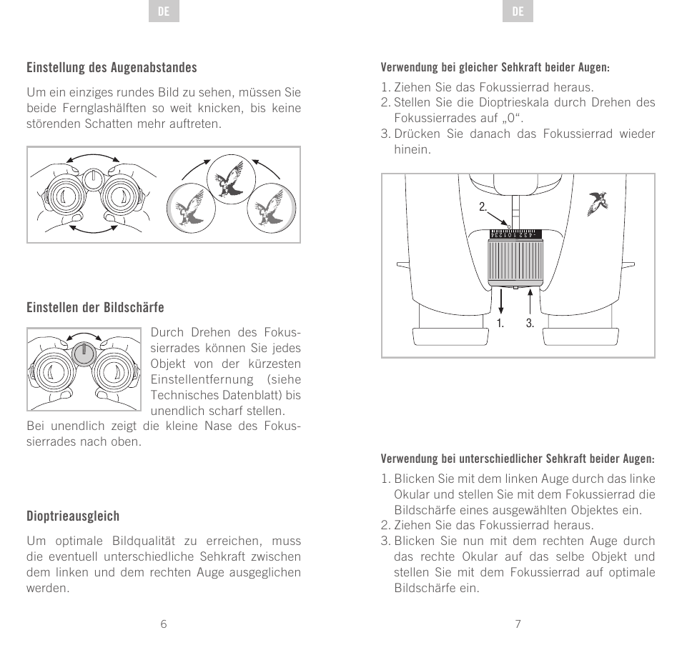 Einstellung des augenabstandes, Einstellen der bildschärfe, Dioptrieausgleich | Swarovski Optik EL 50 User Manual | Page 4 / 51