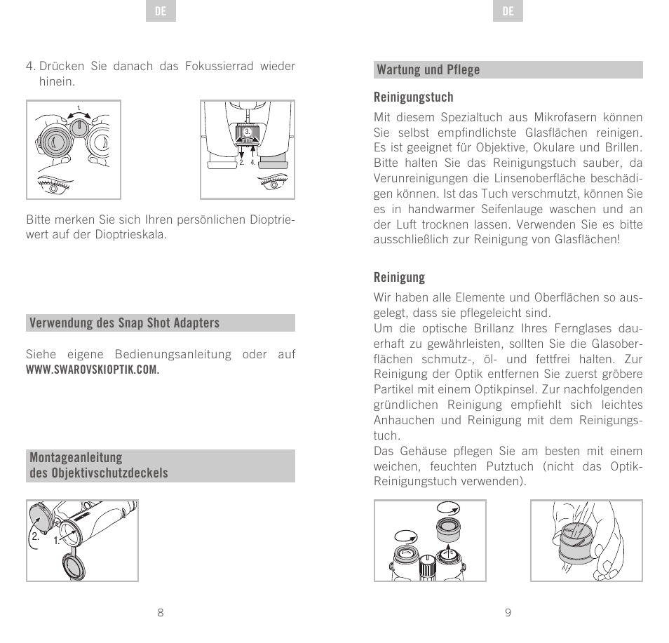 Verwendung des snap shot adapters, Montageanleitung des objektivschutzdeckels, Reinigungstuch | Reinigung, Wartung und pflege | Swarovski Optik EL 50 User Manual | Page 5 / 51