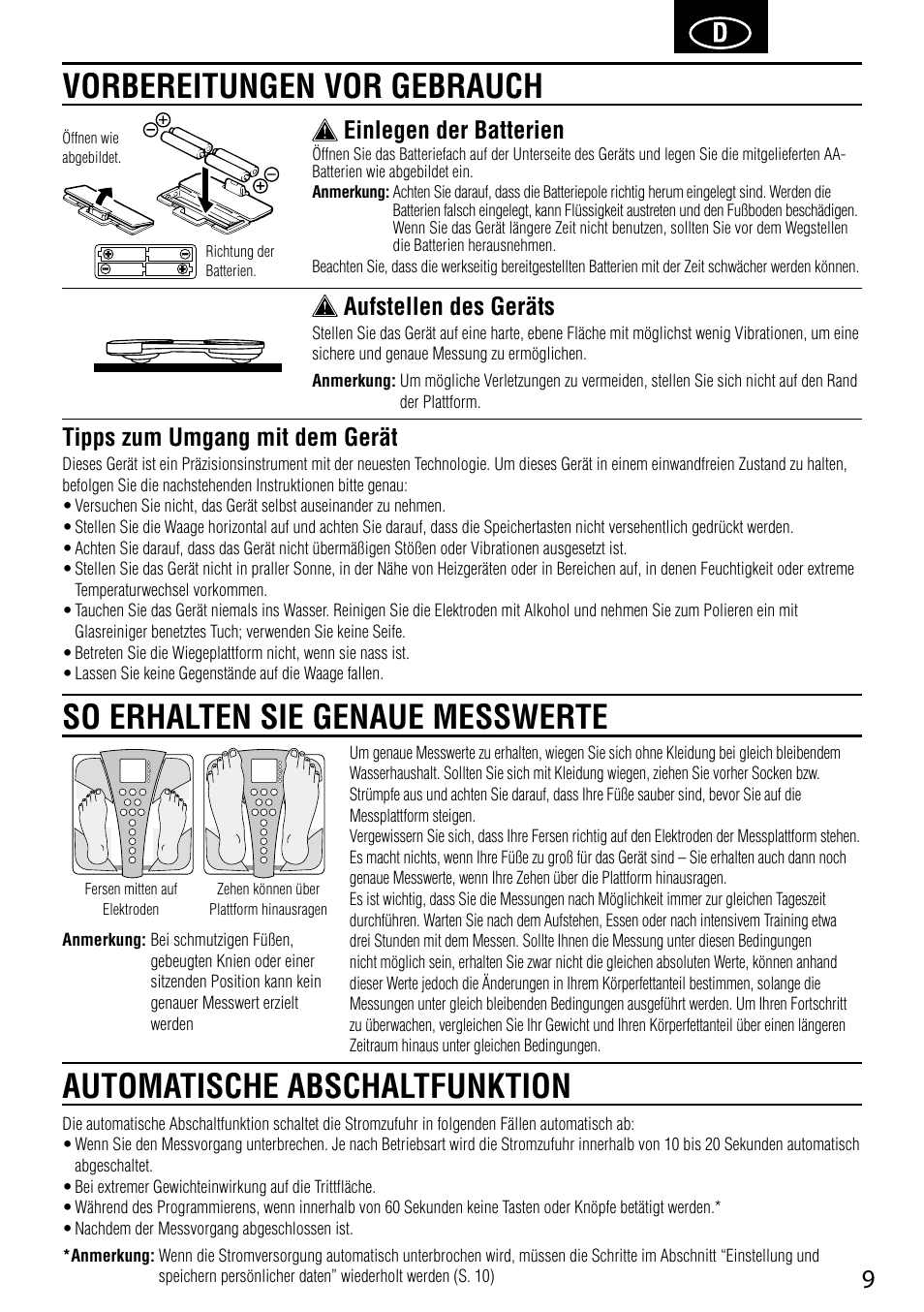 Vorbereitungen vor gebrauch, Tipps zum umgang mit dem gerät, Einlegen der batterien | Aufstellen des geräts | Tanita BC-587 User Manual | Page 11 / 52