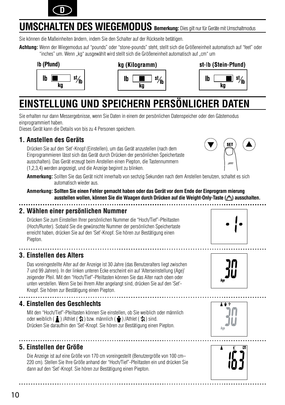 Umschalten des wiegemodus, Einstellung und speichern persönlicher daten | Tanita BC-587 User Manual | Page 12 / 52