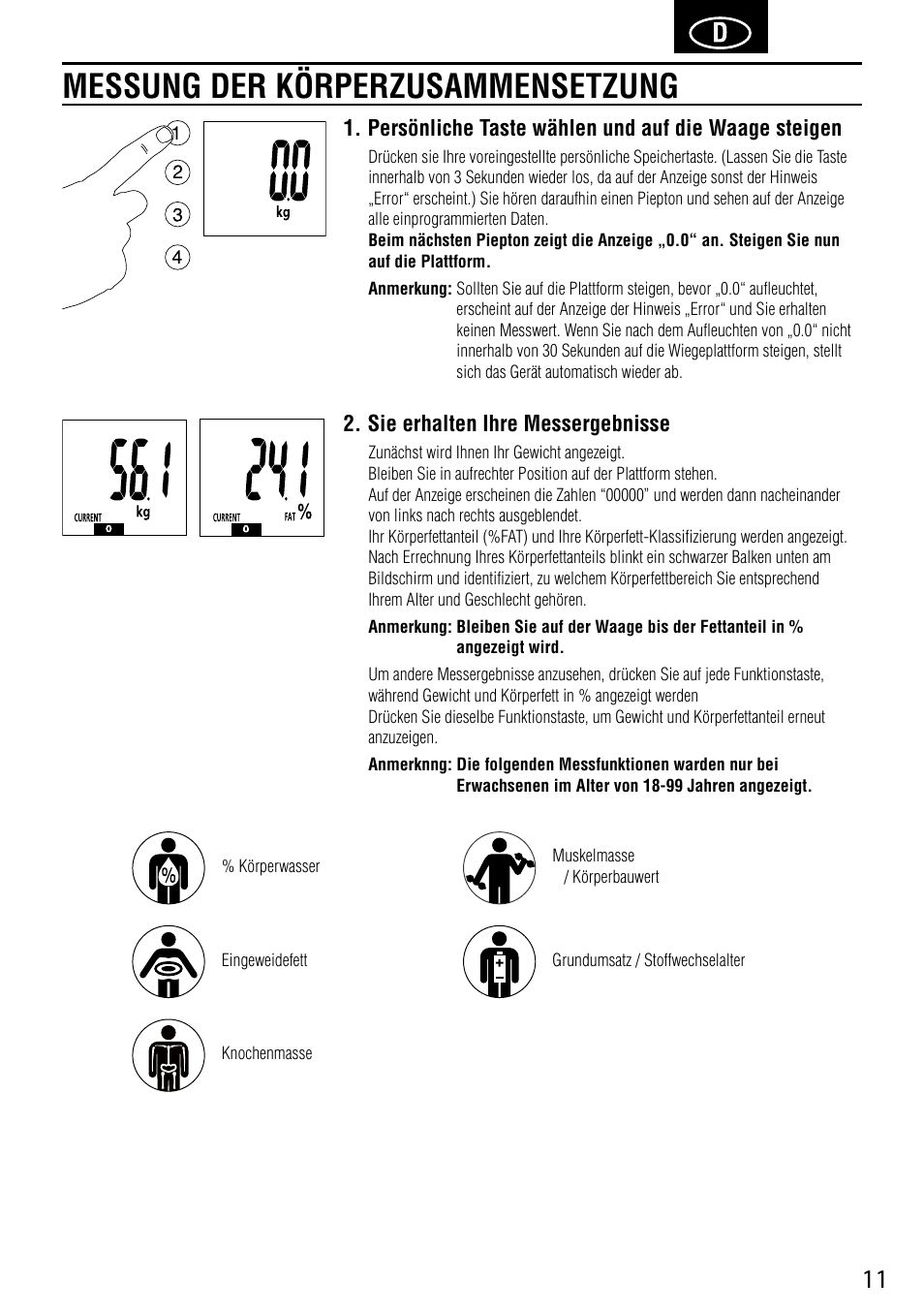 Messung der körperzusammensetzung, Persönliche taste wählen und auf die waage steigen, Sie erhalten ihre messergebnisse | Tanita BC-587 User Manual | Page 13 / 52