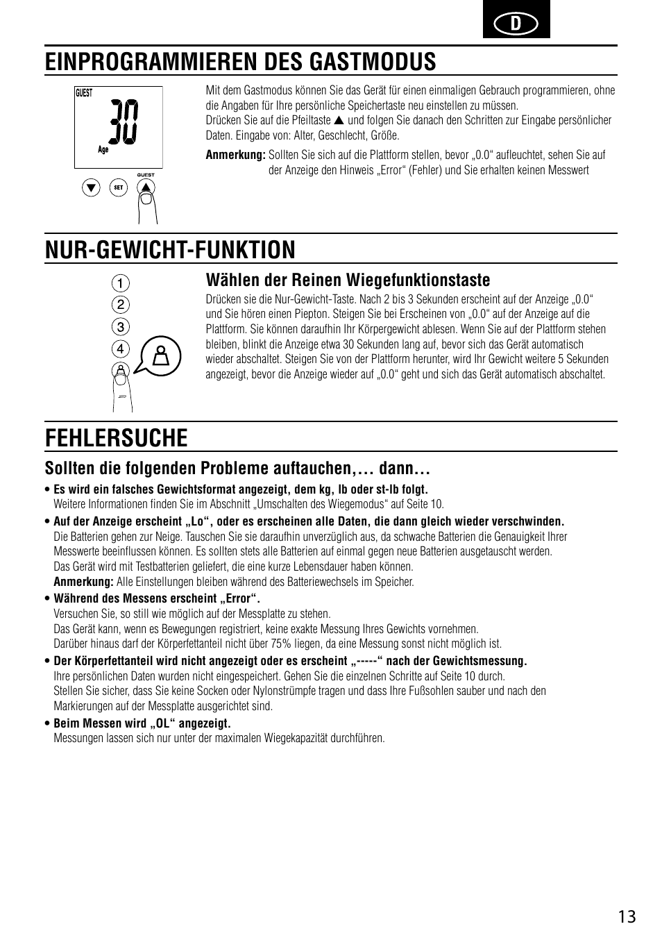 Nur-gewicht-funktion, Fehlersuche einprogrammieren des gastmodus, Wählen der reinen wiegefunktionstaste | Sollten die folgenden probleme auftauchen,... dann | Tanita BC-587 User Manual | Page 15 / 52
