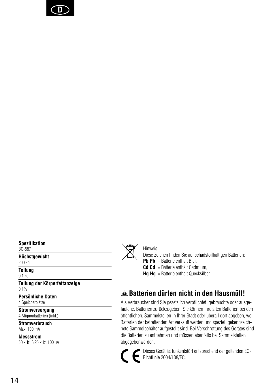 Batterien dürfen nicht in den hausmüll | Tanita BC-587 User Manual | Page 16 / 52