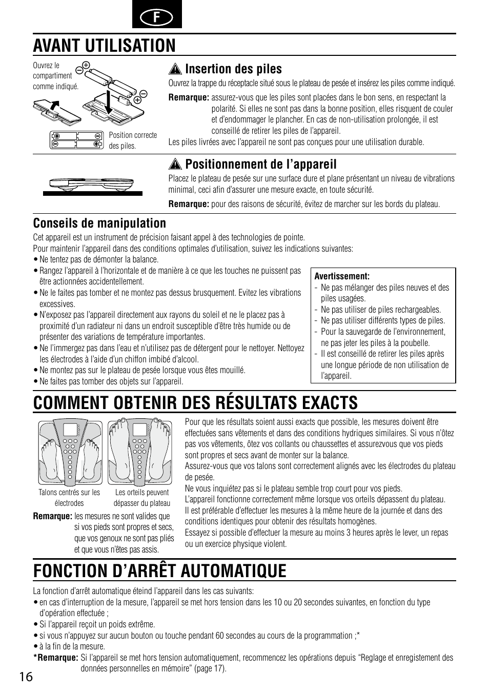 Conseils de manipulation, Insertion des piles, Positionnement de l’appareil | Tanita BC-587 User Manual | Page 18 / 52