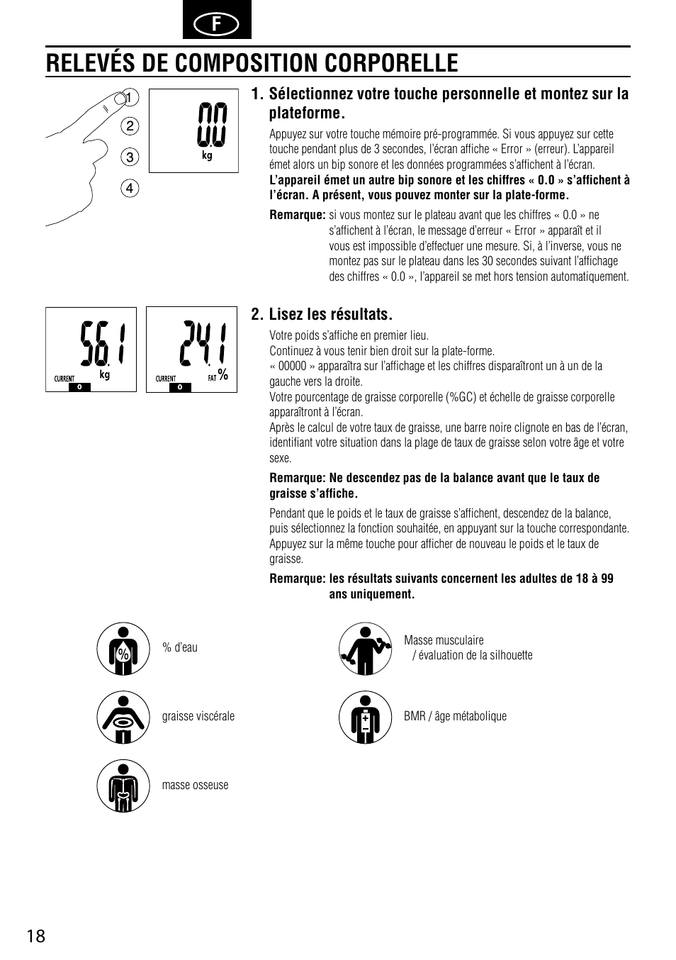 Relevés de composition corporelle, Lisez les résultats | Tanita BC-587 User Manual | Page 20 / 52