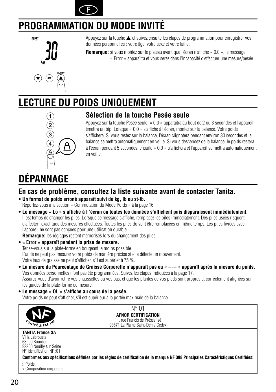 Lecture du poids uniquement, Dépannage programmation du mode invité, Sélection de la touche pesée seule | Tanita BC-587 User Manual | Page 22 / 52