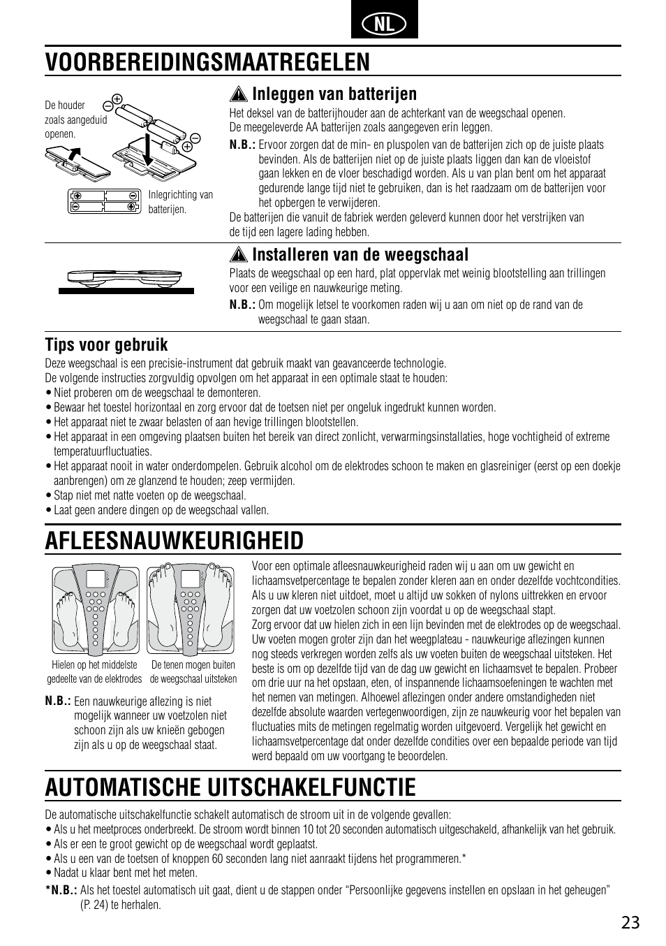 Tips voor gebruik, Inleggen van batterijen, Installeren van de weegschaal | Tanita BC-587 User Manual | Page 25 / 52