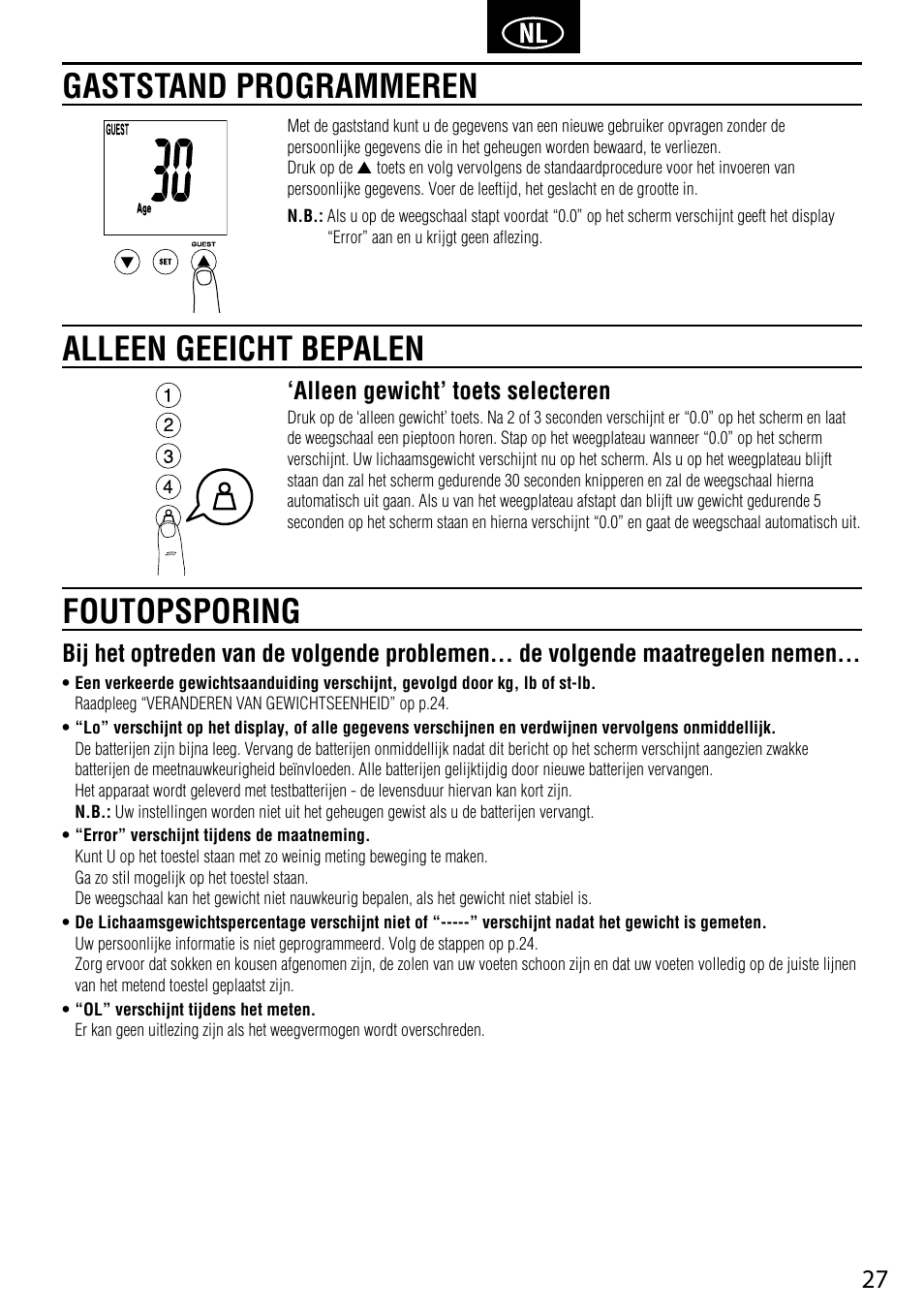 Alleen geeicht bepalen, Foutopsporing gaststand programmeren, Alleen gewicht’ toets selecteren | Tanita BC-587 User Manual | Page 29 / 52