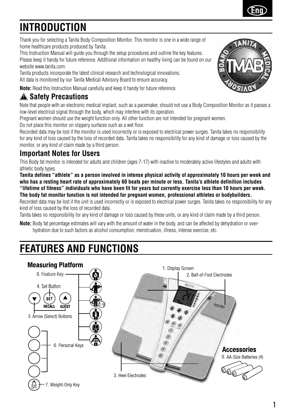 Introduction features and functions, Safety precautions | Tanita BC-587 User Manual | Page 3 / 52