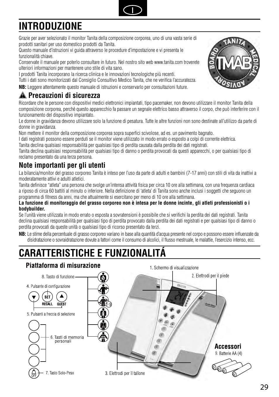 Introduzione caratteristiche e funzionalitá, Precauzioni di sicurezza | Tanita BC-587 User Manual | Page 31 / 52