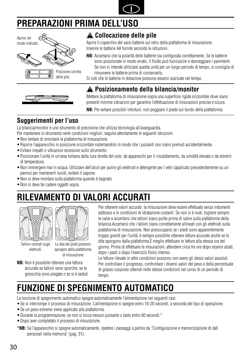 Suggerimenti per l’uso, Collocazione delle pile, Posizionamento della bilancia/monitor | Tanita BC-587 User Manual | Page 32 / 52