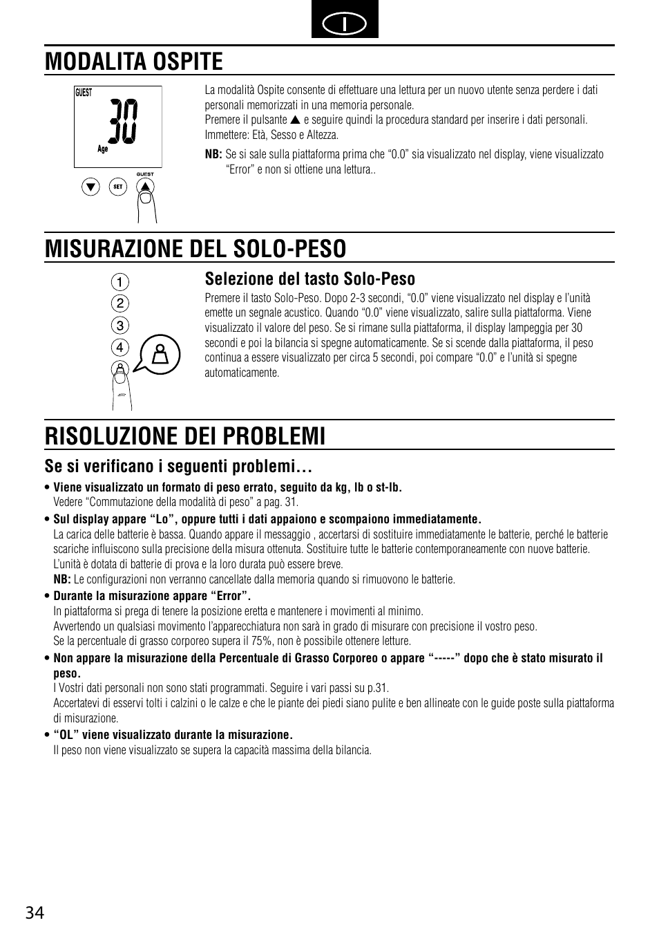 Misurazione del solo-peso, Risoluzione dei problemi modalita ospite, Selezione del tasto solo-peso | Se si verificano i seguenti problemi | Tanita BC-587 User Manual | Page 36 / 52