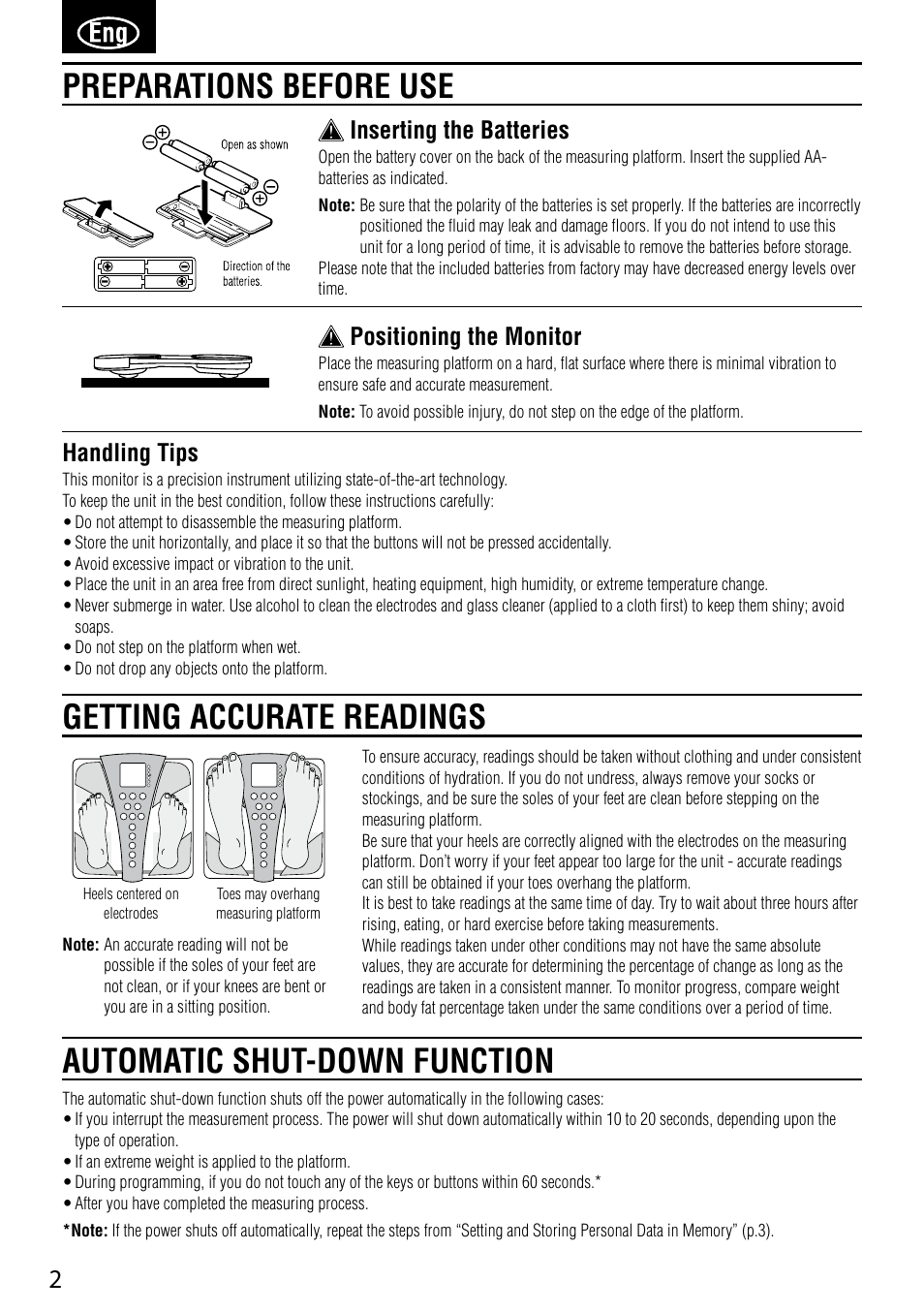 Handling tips, Inserting the batteries, Positioning the monitor | Tanita BC-587 User Manual | Page 4 / 52