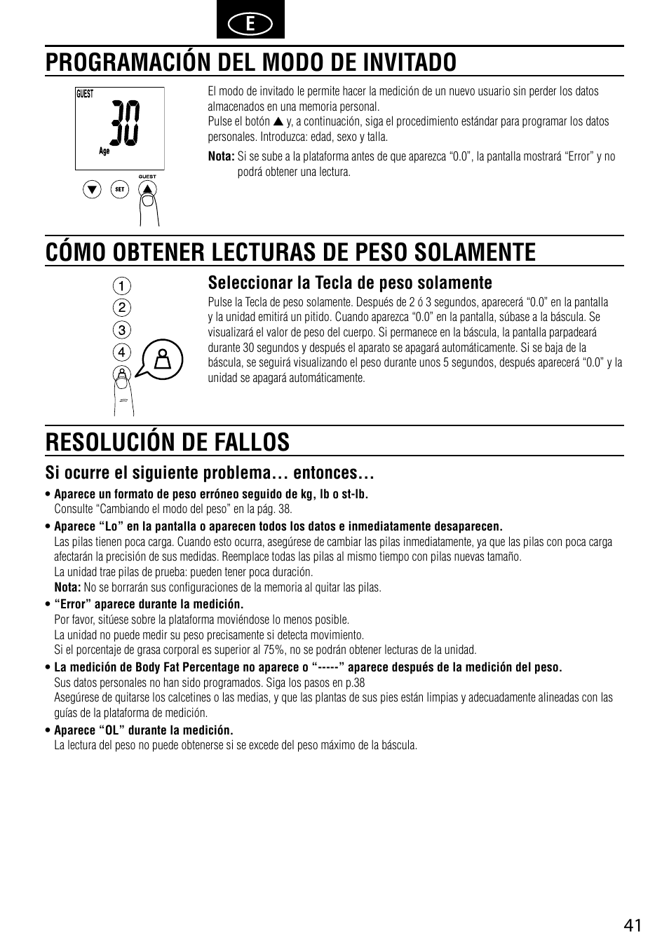 Cómo obtener lecturas de peso solamente, Seleccionar la tecla de peso solamente, Si ocurre el siguiente problema... entonces | Tanita BC-587 User Manual | Page 43 / 52