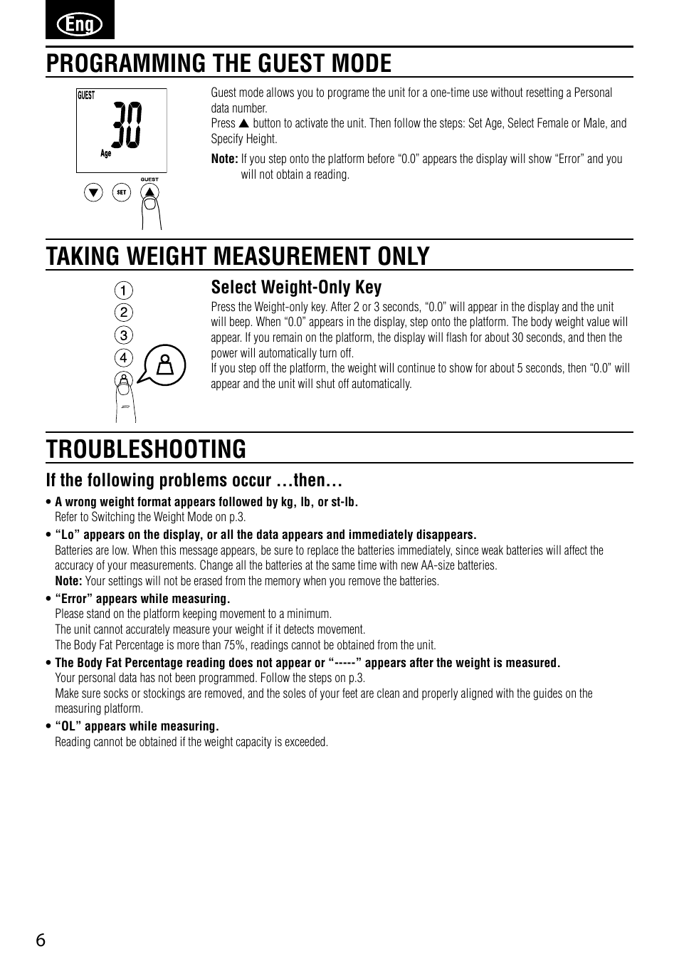 Taking weight measurement only, Troubleshooting programming the guest mode, Select weight-only key | If the following problems occur ...then | Tanita BC-587 User Manual | Page 8 / 52