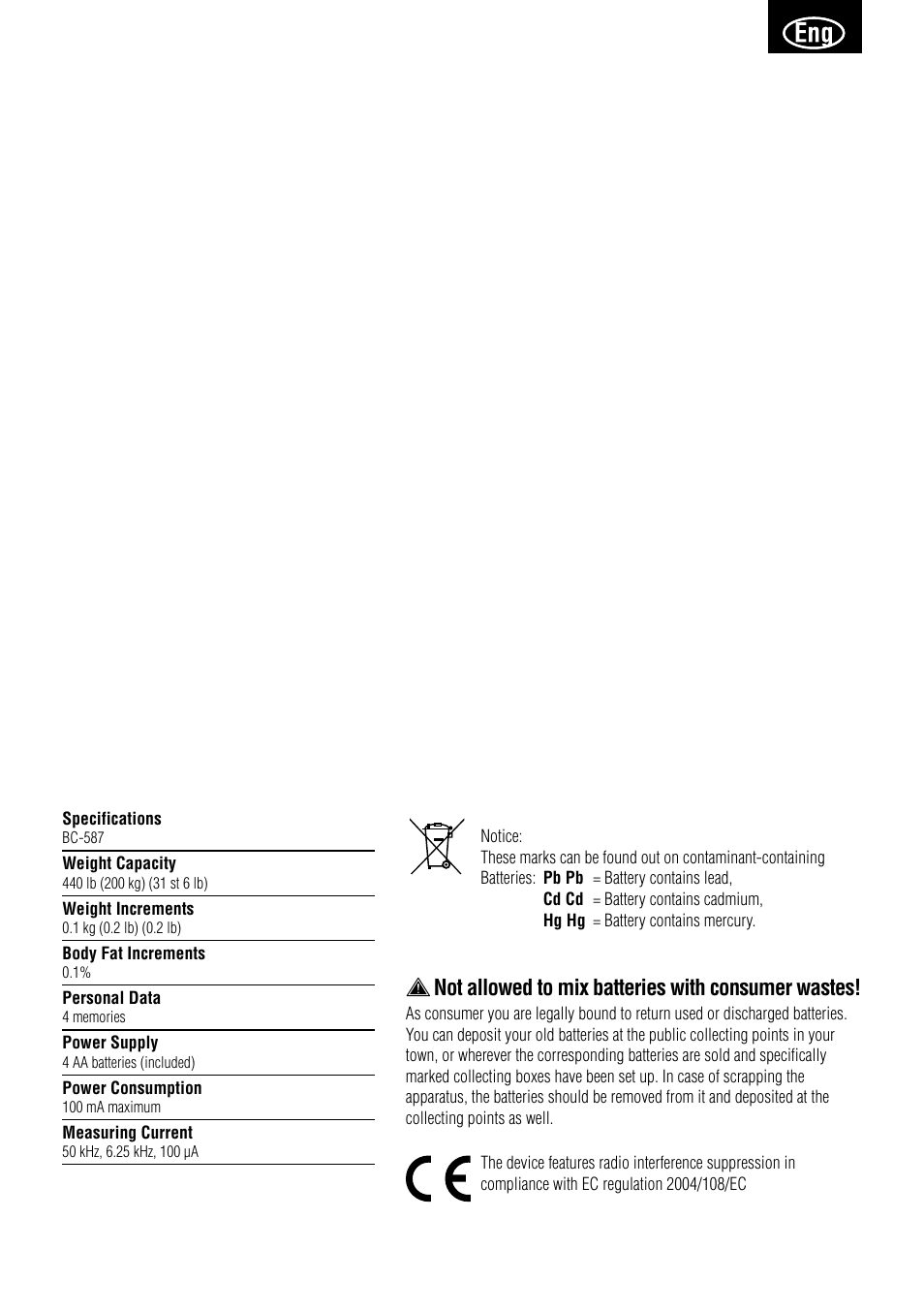 Not allowed to mix batteries with consumer wastes | Tanita BC-587 User Manual | Page 9 / 52