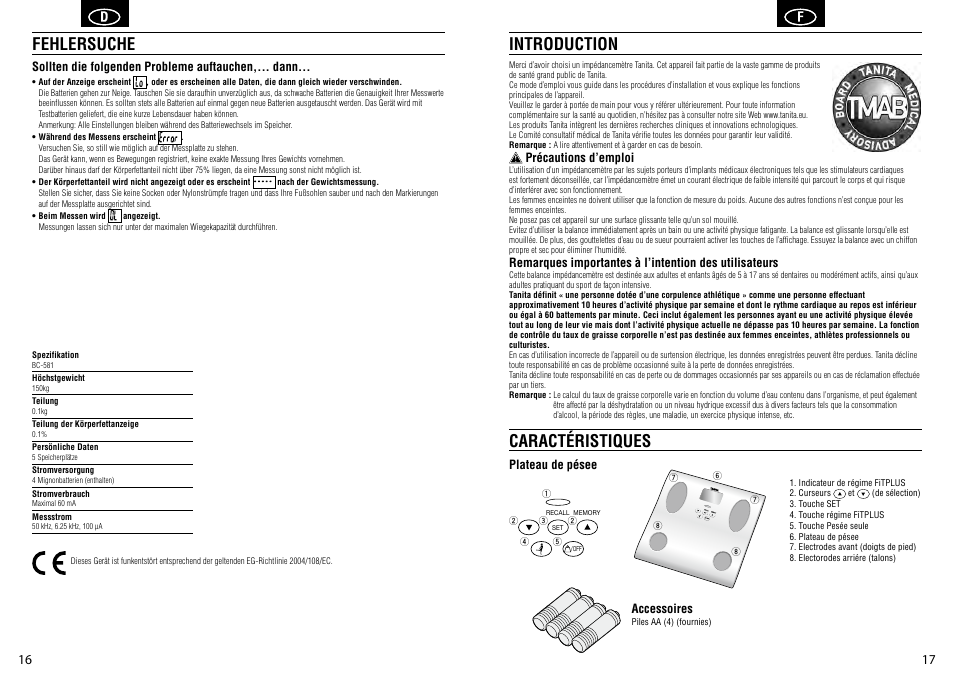 Introduction caractéristiques, Fehlersuche | Tanita BC-581 User Manual | Page 10 / 31