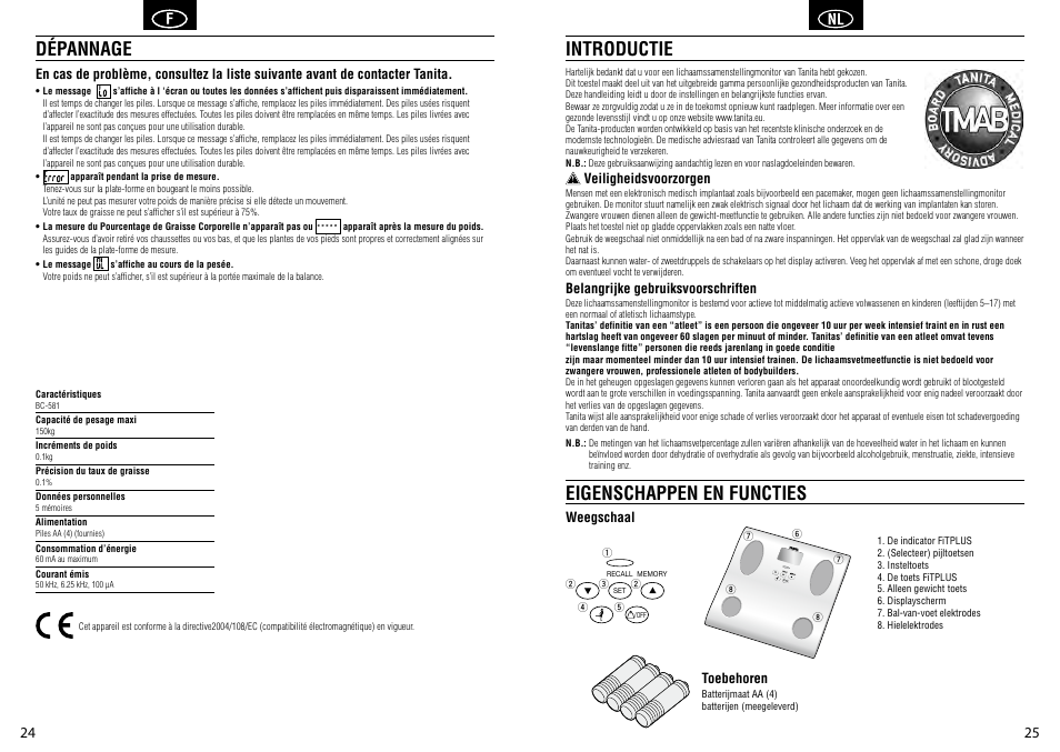 Dépannage, Introductie eigenschappen en functies | Tanita BC-581 User Manual | Page 14 / 31