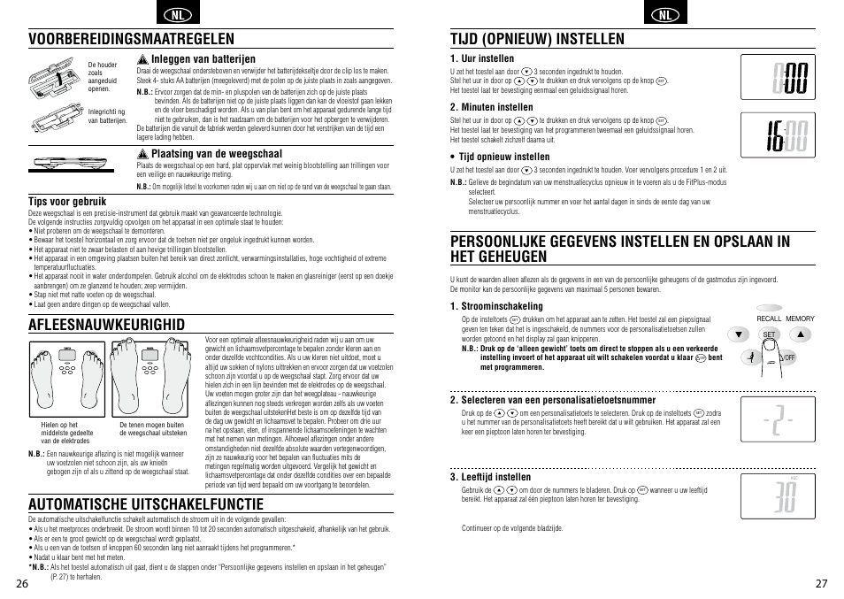 Tips voor gebruik, Inleggen van batterijen, Plaatsing van de weegschaal | Tanita BC-581 User Manual | Page 15 / 31