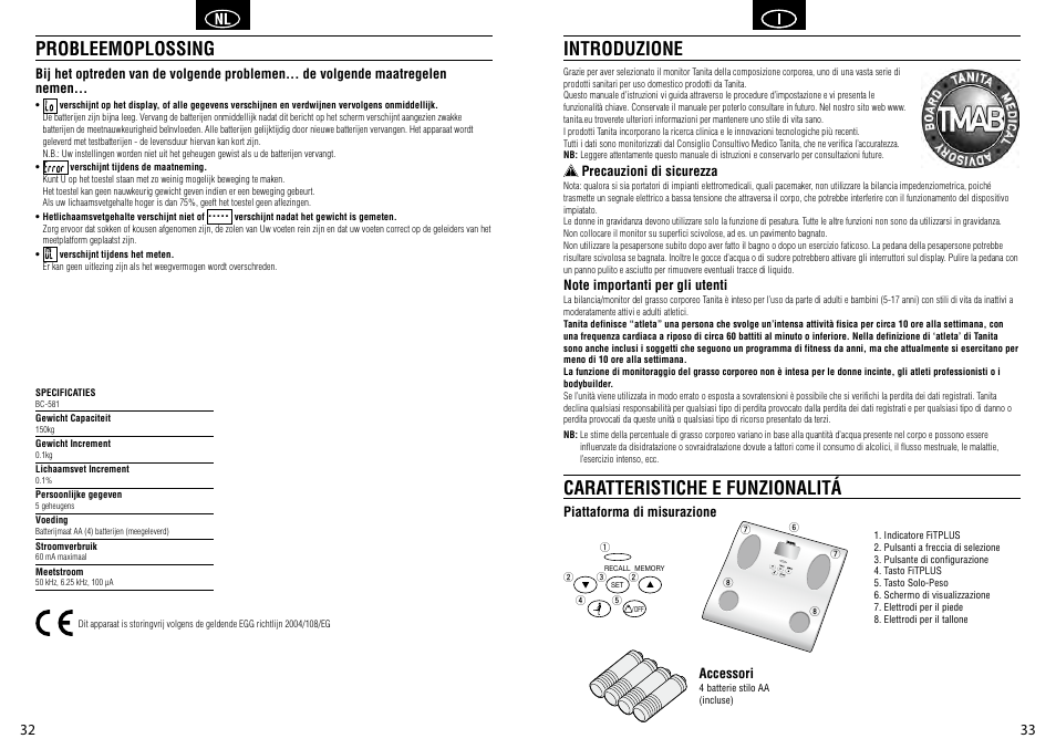 Probleemoplossing, Introduzione caratteristiche e funzionalitá | Tanita BC-581 User Manual | Page 18 / 31