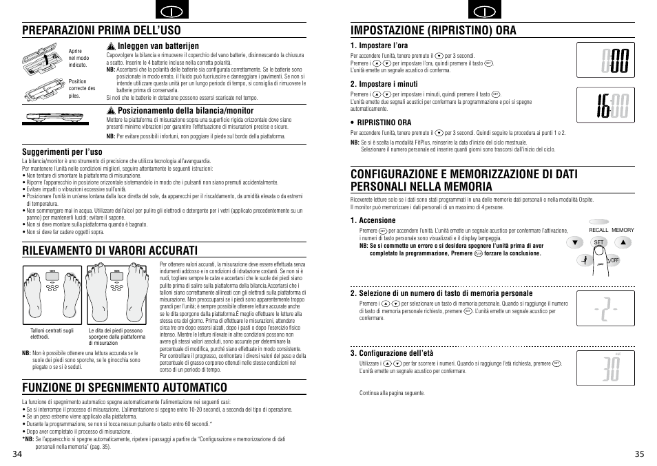 Suggerimenti per l’uso, Inleggen van batterijen, Posizionamento della bilancia/monitor | Tanita BC-581 User Manual | Page 19 / 31