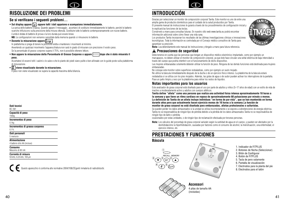 Introducción prestaciones y funciones, Risoluzione dei problemi | Tanita BC-581 User Manual | Page 22 / 31