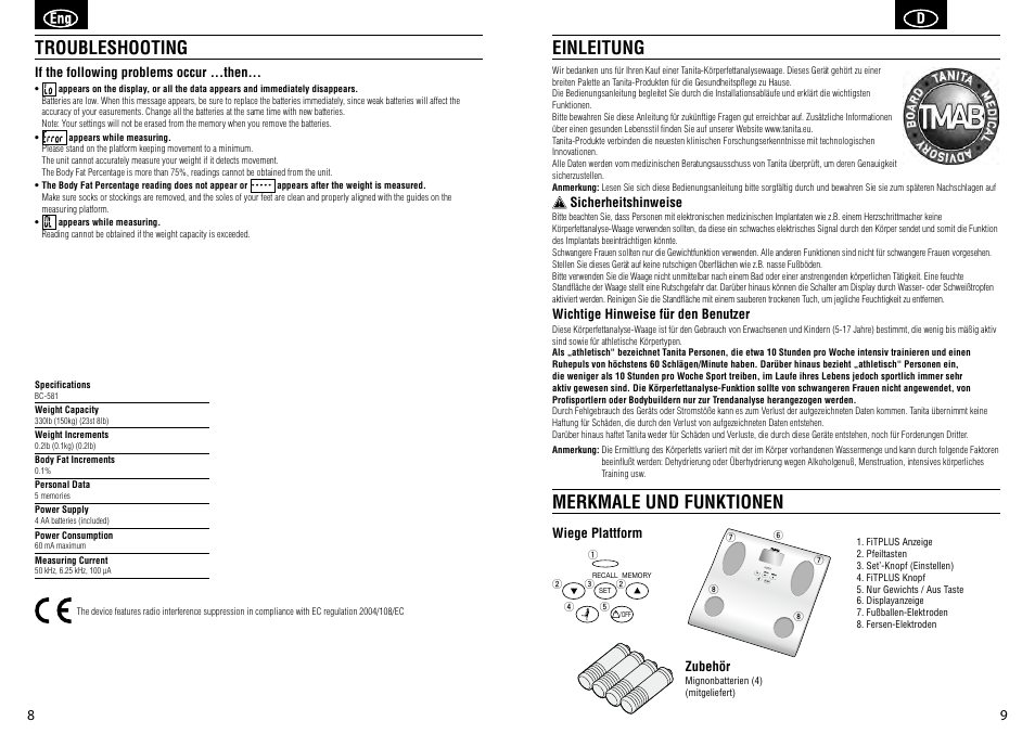 Troubleshooting, Einleitung merkmale und funktionen | Tanita BC-581 User Manual | Page 6 / 31