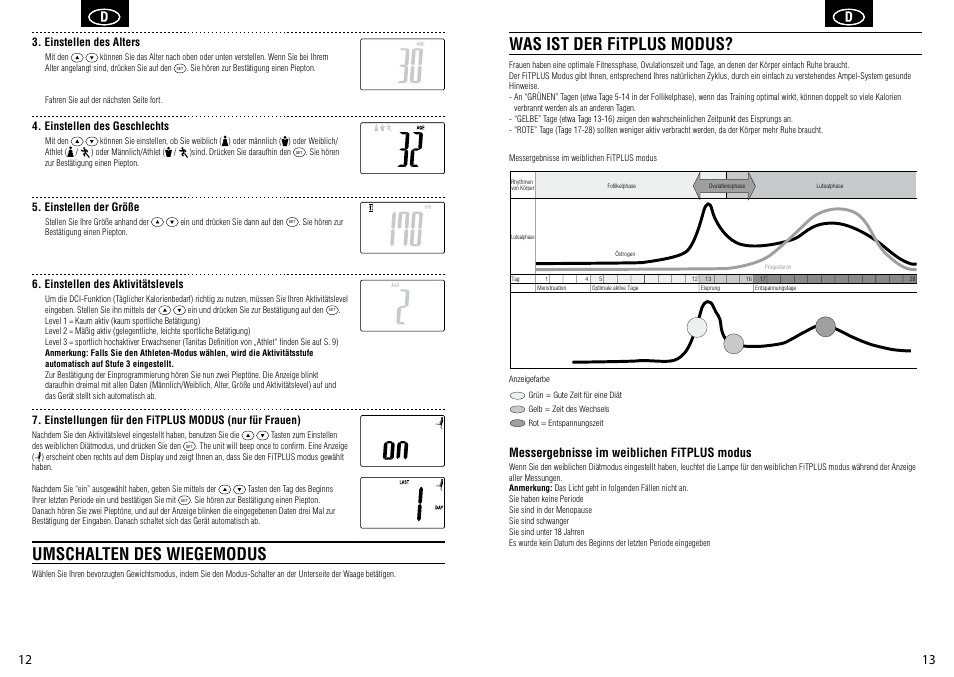 Was ist der fitplus modus, Umschalten des wiegemodus, Messergebnisse im weiblichen fitplus modus | Tanita BC-581 User Manual | Page 8 / 31