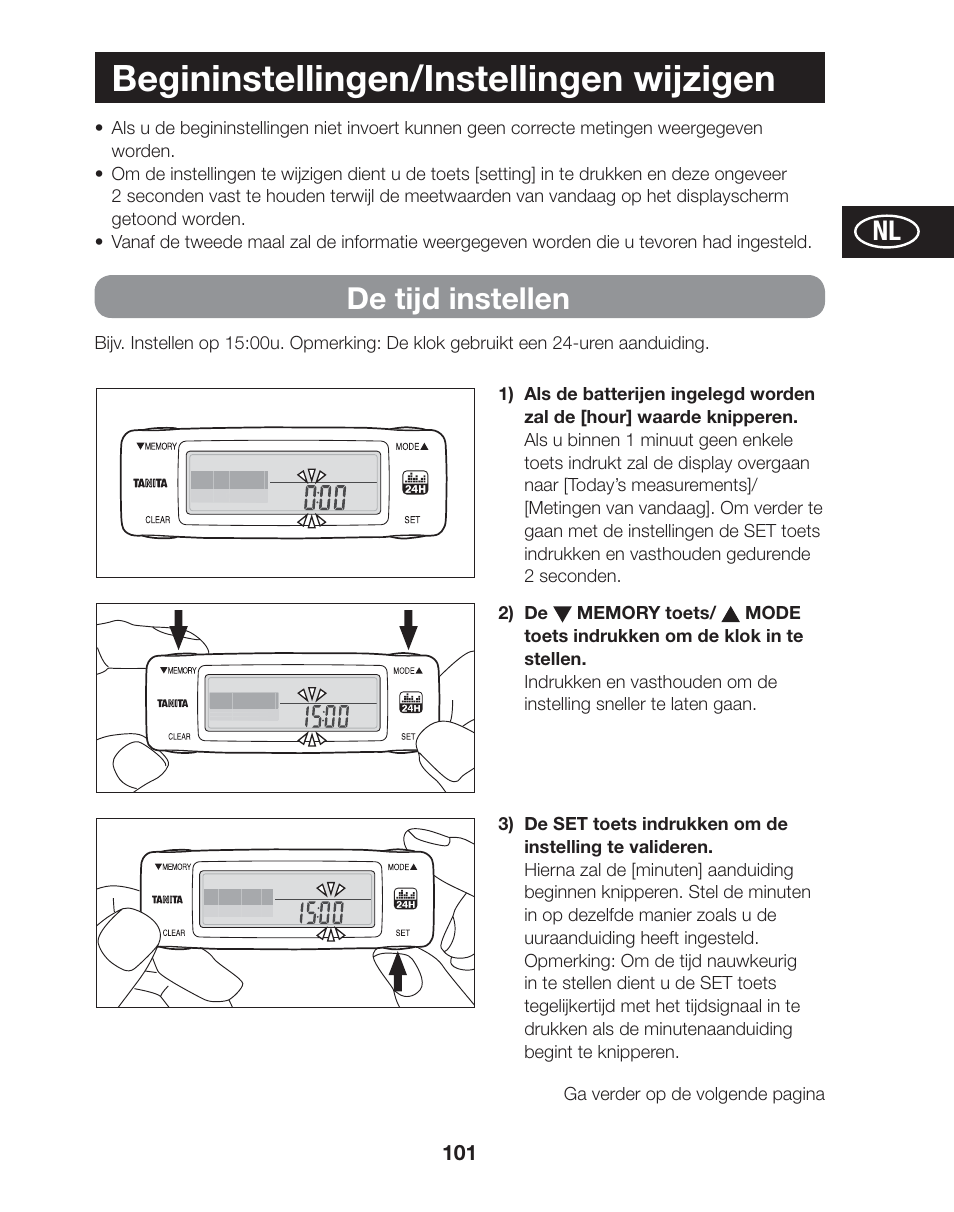 Begininstellingen/instellingen wijzigen, De tijd instellen | Tanita AM-120E User Manual | Page 101 / 216