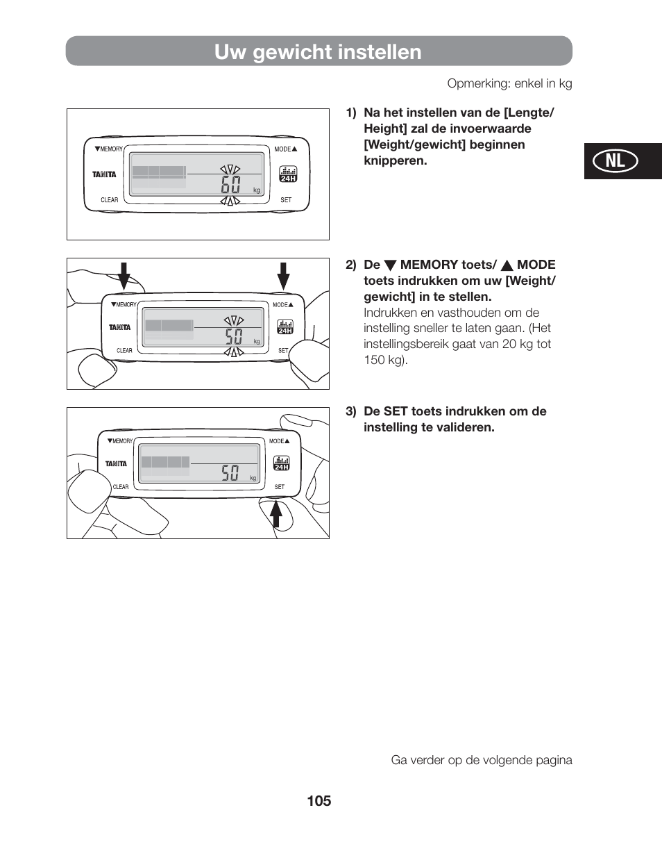 Uw gewicht instellen | Tanita AM-120E User Manual | Page 105 / 216