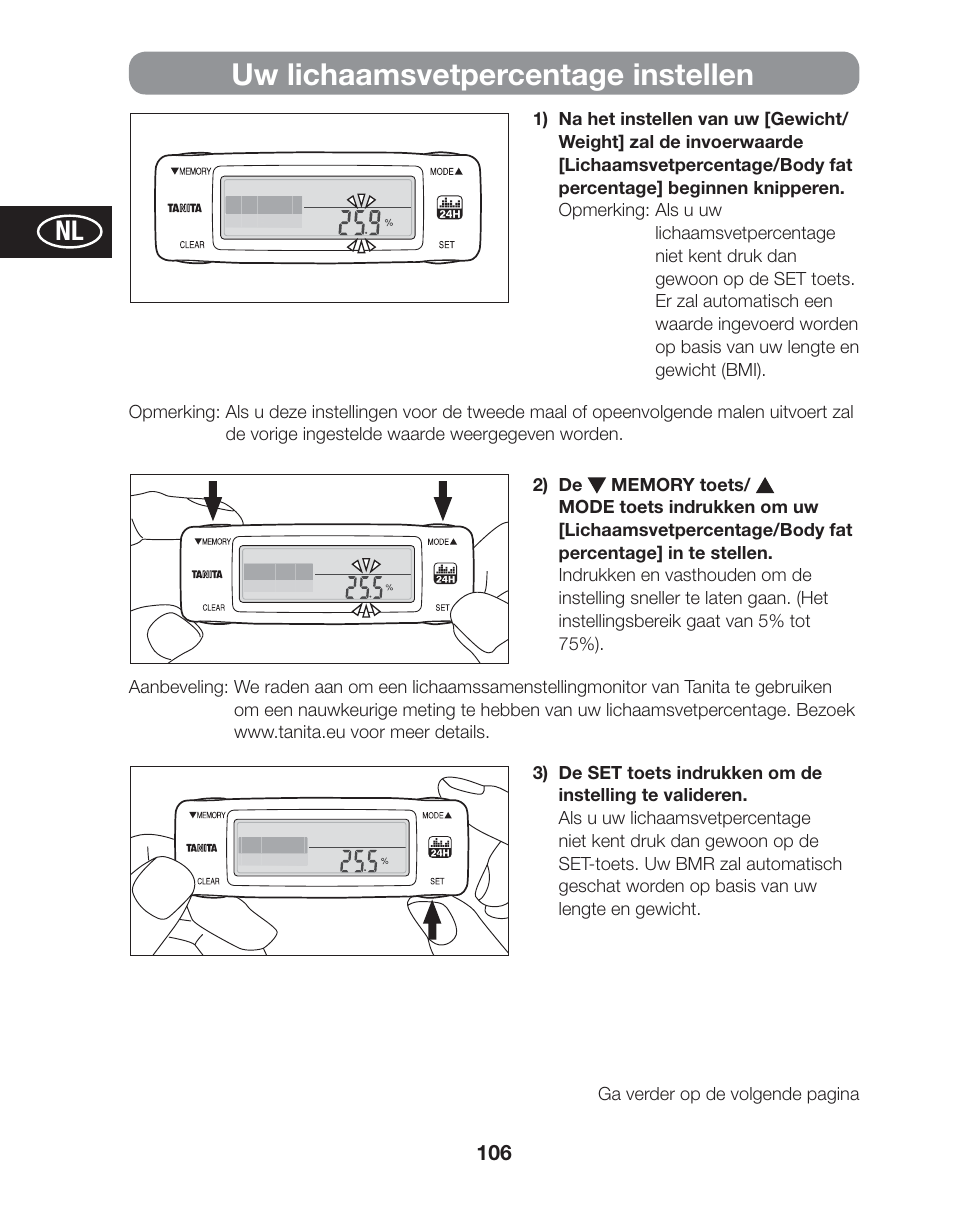 Uw lichaamsvetpercentage instellen | Tanita AM-120E User Manual | Page 106 / 216