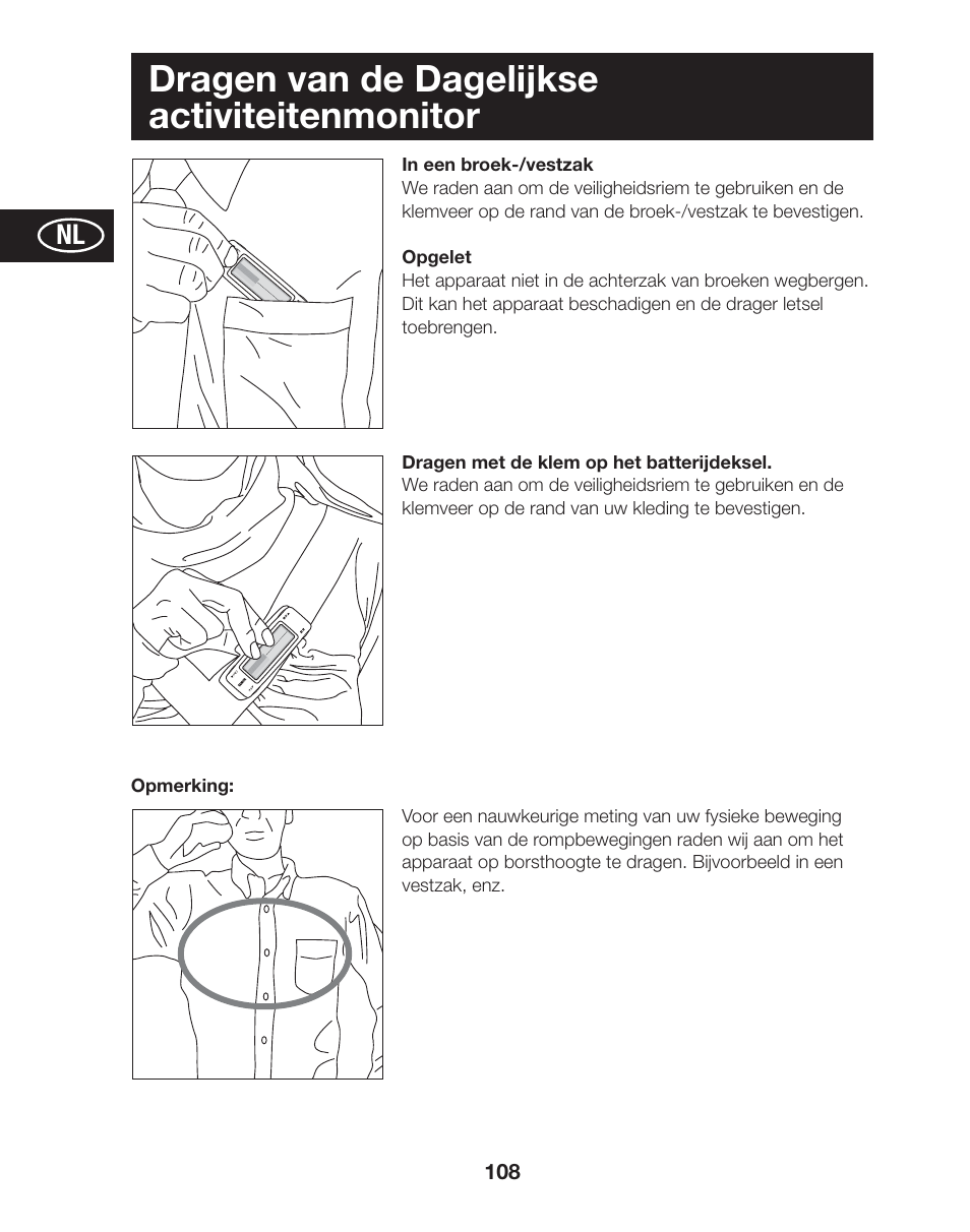 Dragen van de dagelijkse activiteitenmonitor | Tanita AM-120E User Manual | Page 108 / 216