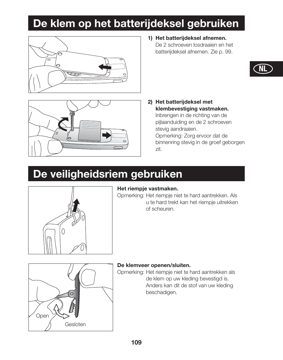 De klem op het batterijdeksel gebruiken, De veiligheidsriem gebruiken | Tanita AM-120E User Manual | Page 109 / 216