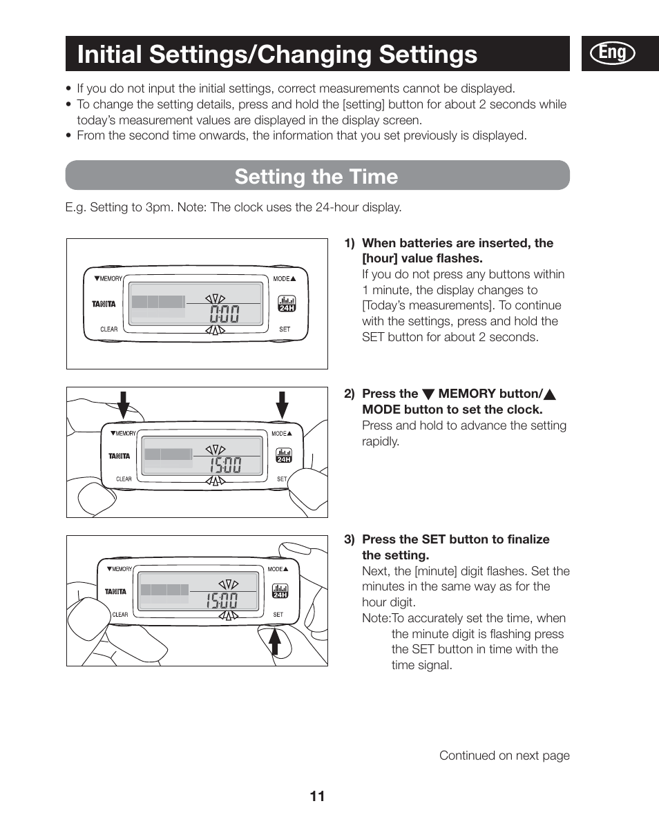 Initial settings/changing settings, Setting the time | Tanita AM-120E User Manual | Page 11 / 216