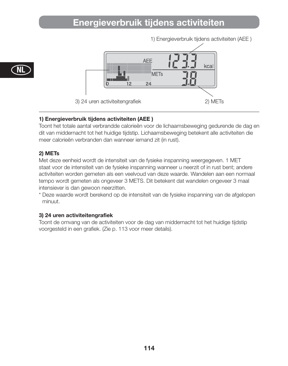 Energieverbruik tijdens activiteiten | Tanita AM-120E User Manual | Page 114 / 216