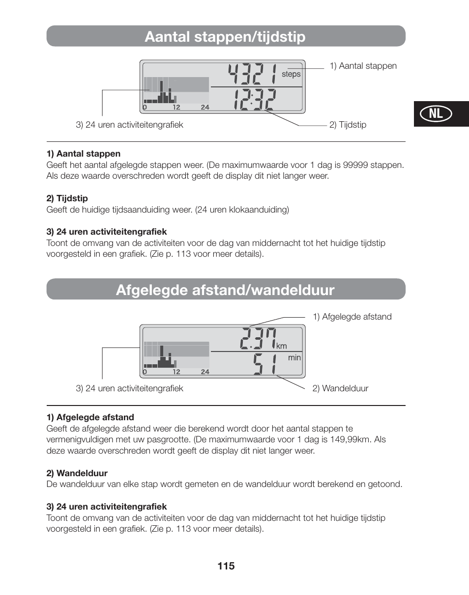 Aantal stappen/tijdstip, Afgelegde afstand/wandelduur | Tanita AM-120E User Manual | Page 115 / 216