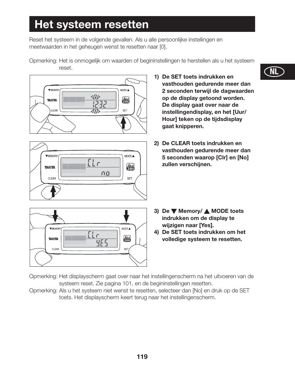 Het systeem resetten | Tanita AM-120E User Manual | Page 119 / 216