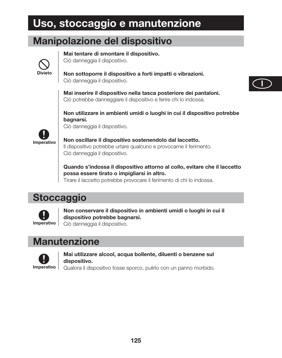 Uso, stoccaggio e manutenzione, Manipolazione del dispositivo, Stoccaggio | Manutenzione | Tanita AM-120E User Manual | Page 125 / 216