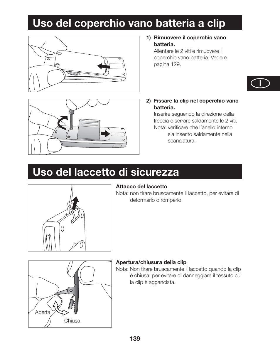 Uso del coperchio vano batteria a clip, Uso del laccetto di sicurezza | Tanita AM-120E User Manual | Page 139 / 216